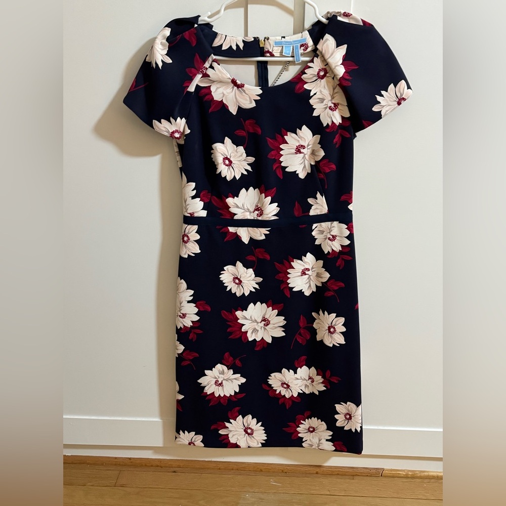 Draper James Navy Blue Sheath Dress with Square Neck and Flutter Sleeves